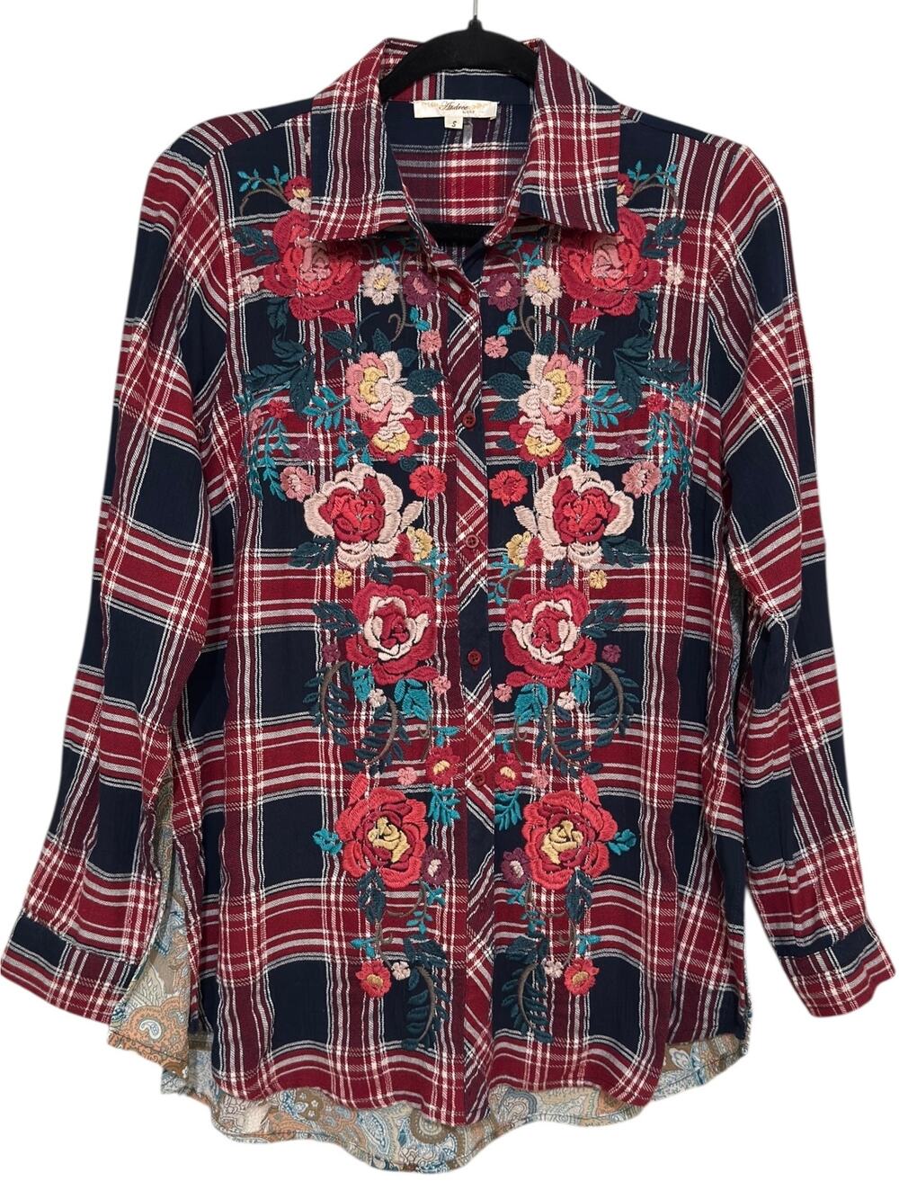 ANDREE BY UNIT Floral Plaid Embroidered Button Down Blouse Size S Mixed Media